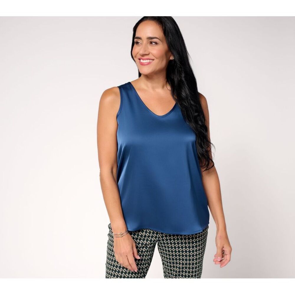 Susan Graver Women's Top Sz 2XS (XXS) Woven Satin V-Neck Sleeveless Blue A706725